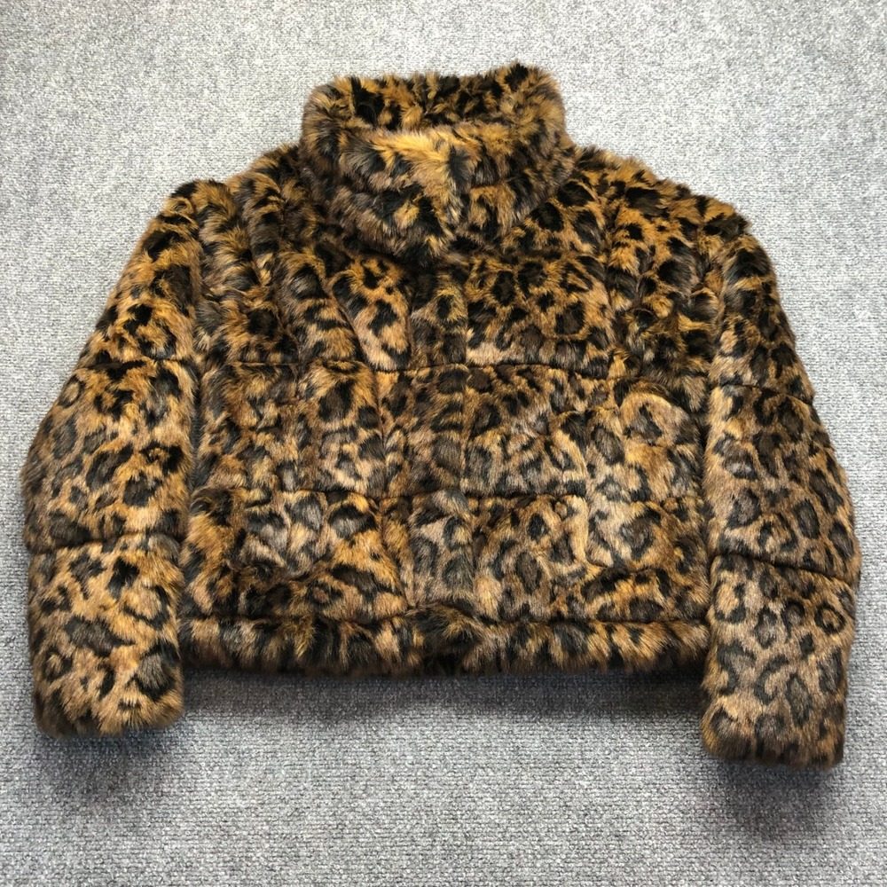 Abercrombie & Fitch Leopard Faux Fur Mini Puffer Jacket Small Brown Animal Print
